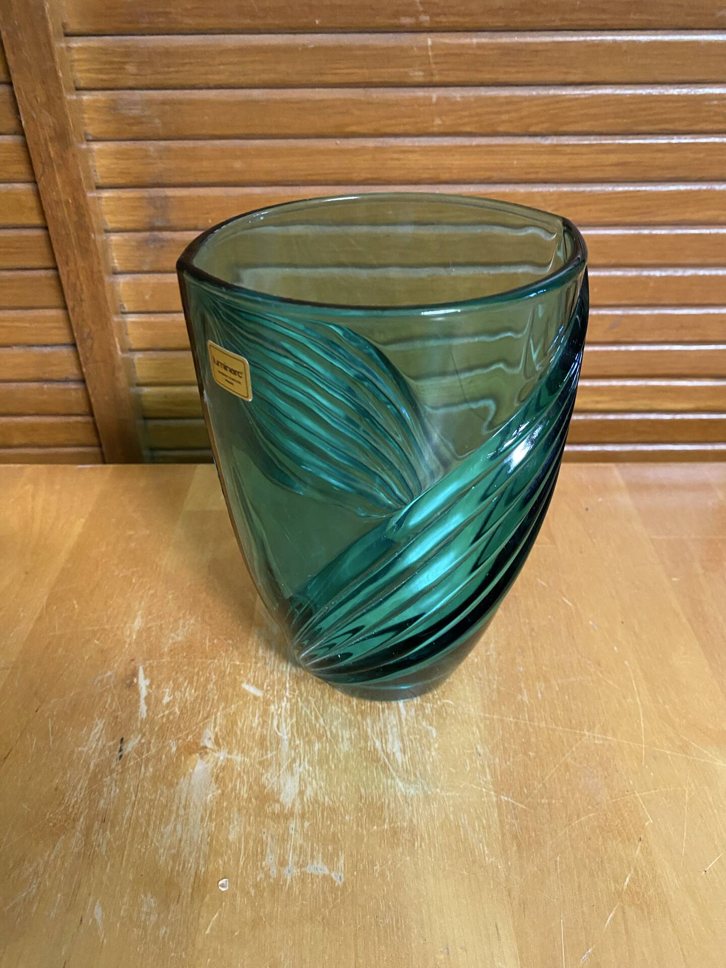 Vintage LUMINARC Green Moulded Glass Vase Made in France #E361