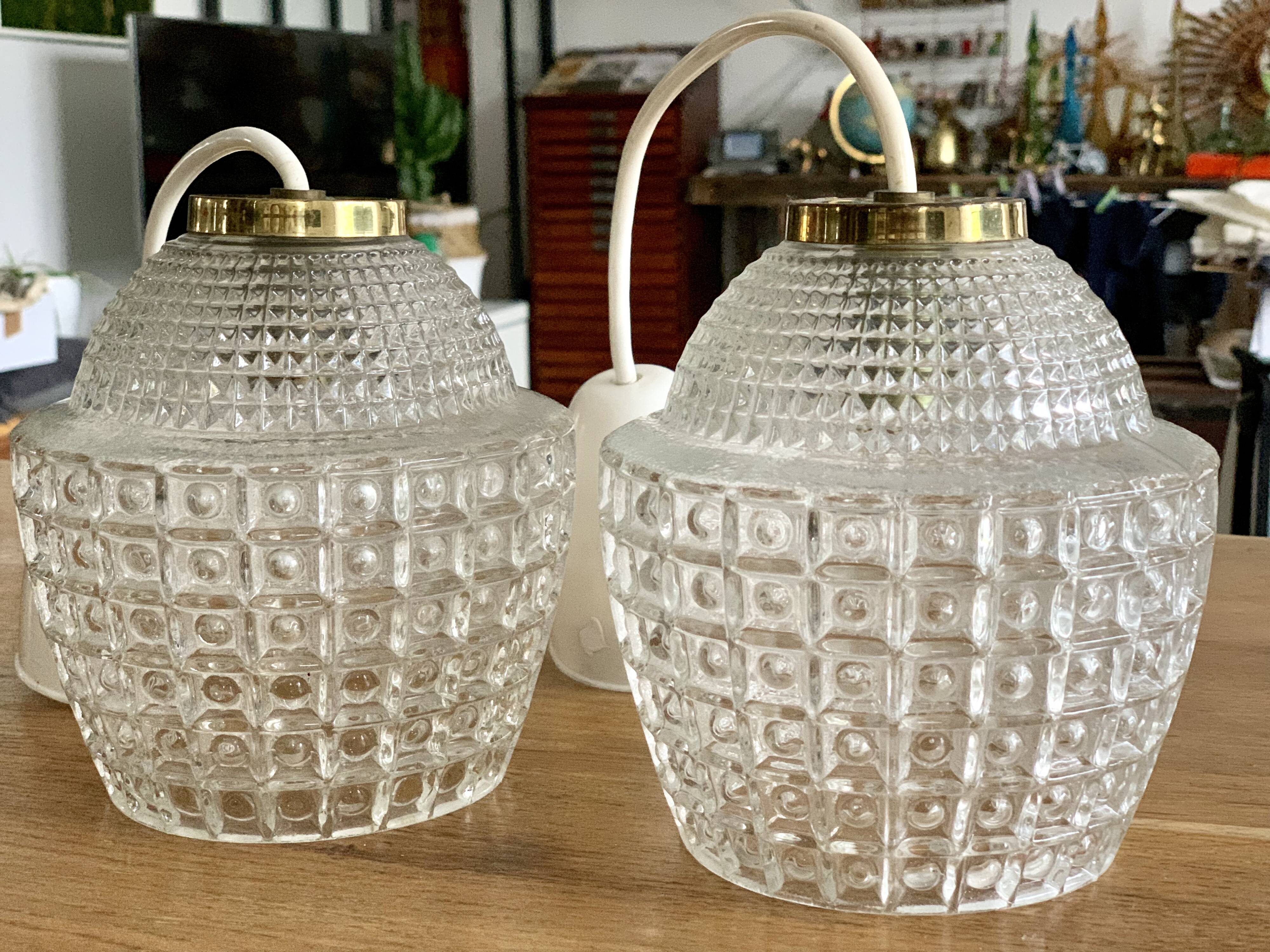 Pair of glass and vintage brass suspension