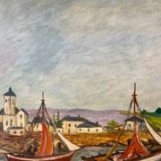 Bateaux au petit port, signé F. Lombard