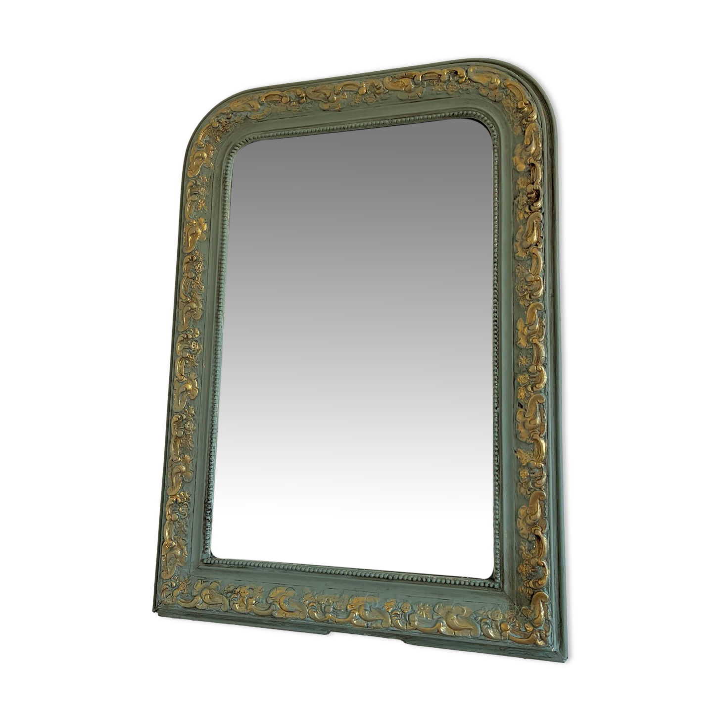 Large antique French Louis Philippe mirror – green and gold, late 19th century