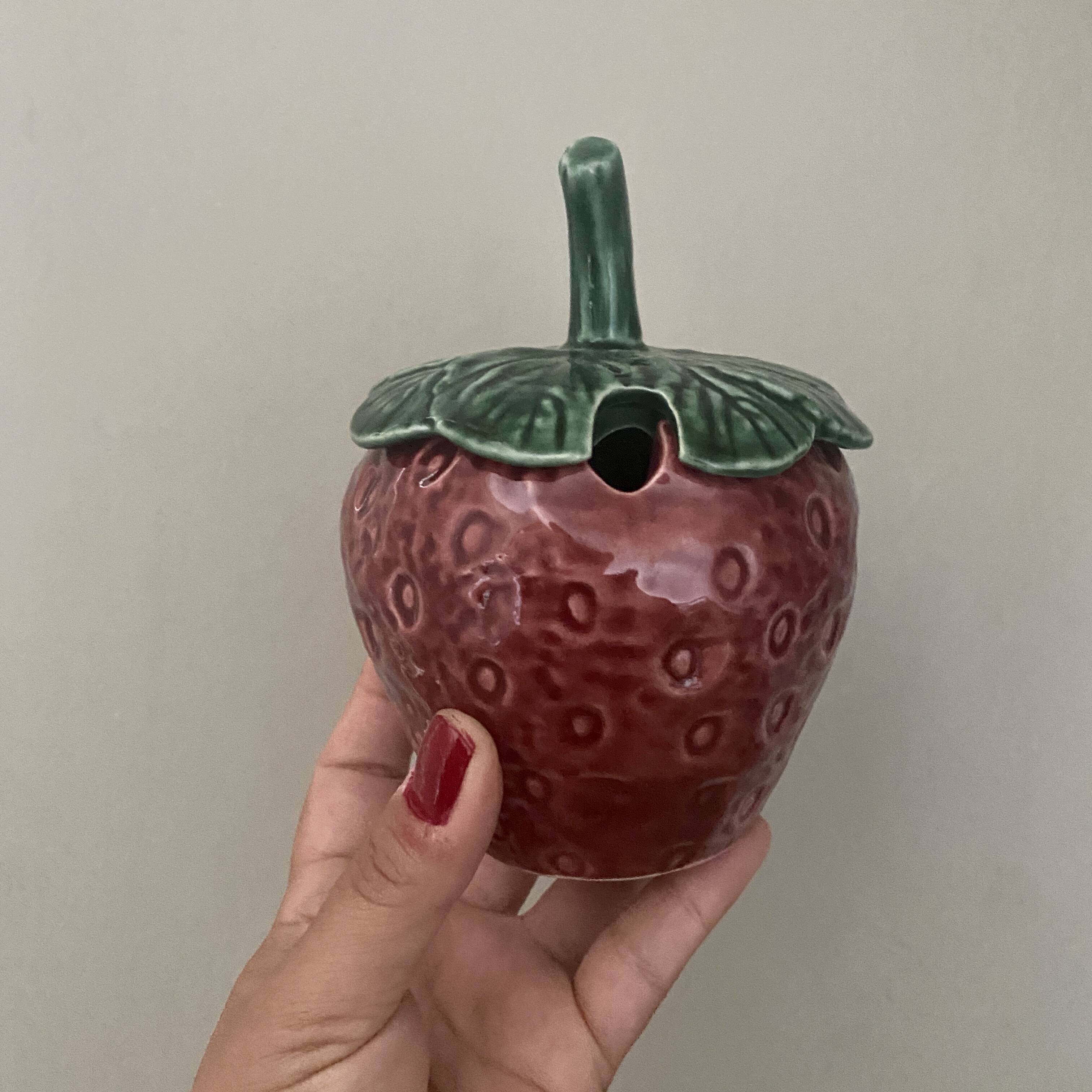 Mustard pot or vintage jam maker in strawberry slip