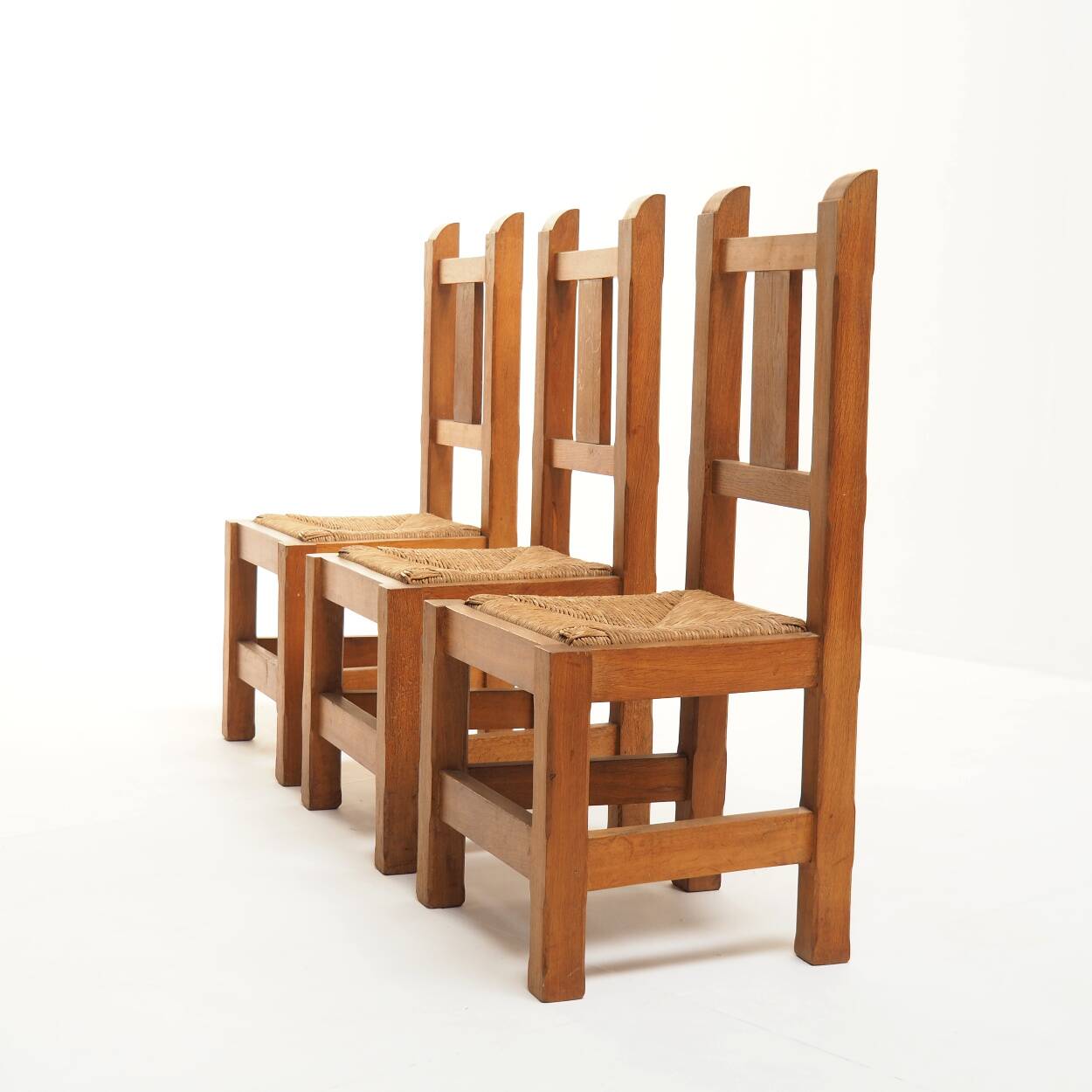 Set of Eight Handmade Solid Oak Chairs, 1970s
