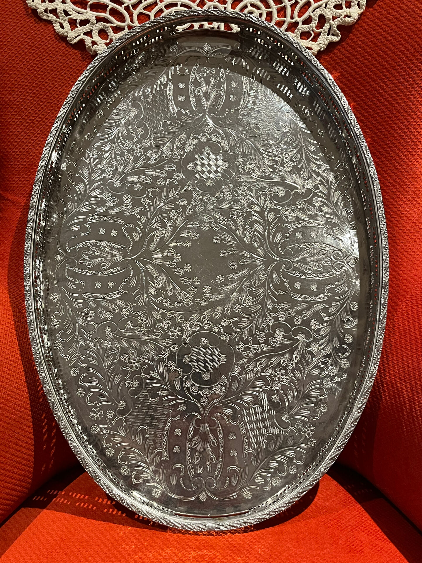 Large silver metal tray