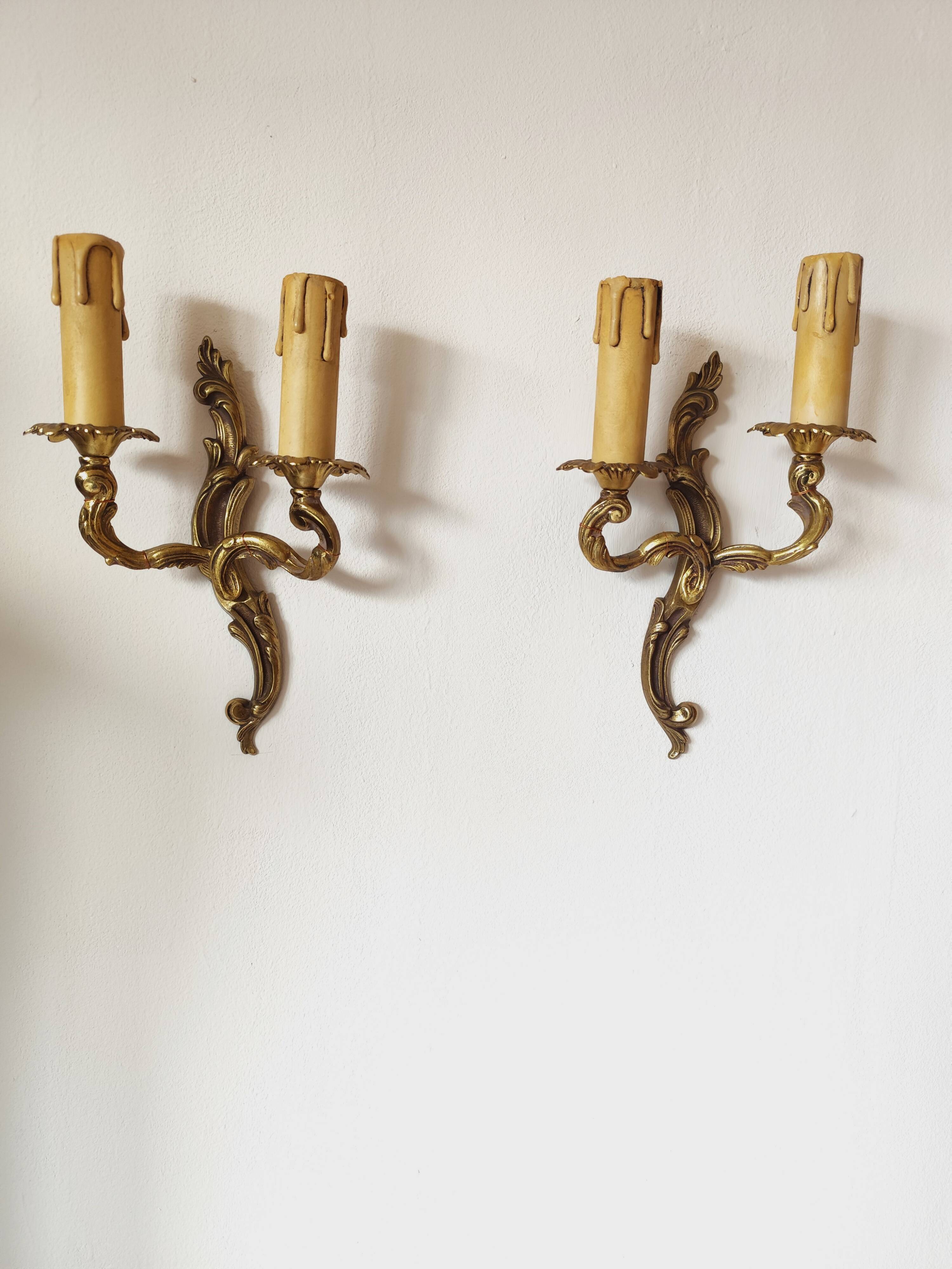 Pair of 19th century Louis XV style gilt bronze wall lights with 2 branches