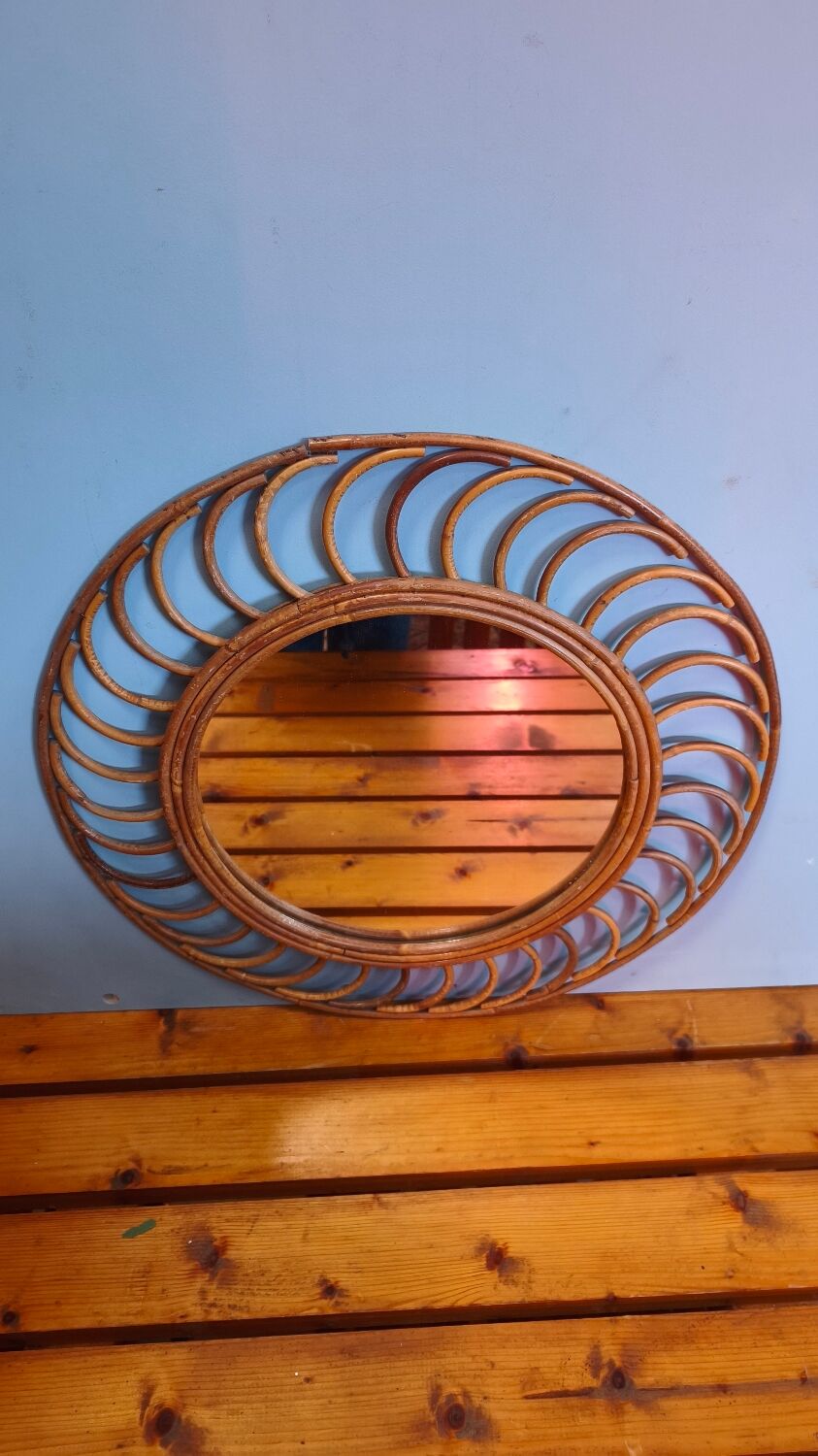 Vintage 1960s rattan sun mirror