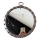 Brutalist round mirror with wrought iron and studs.