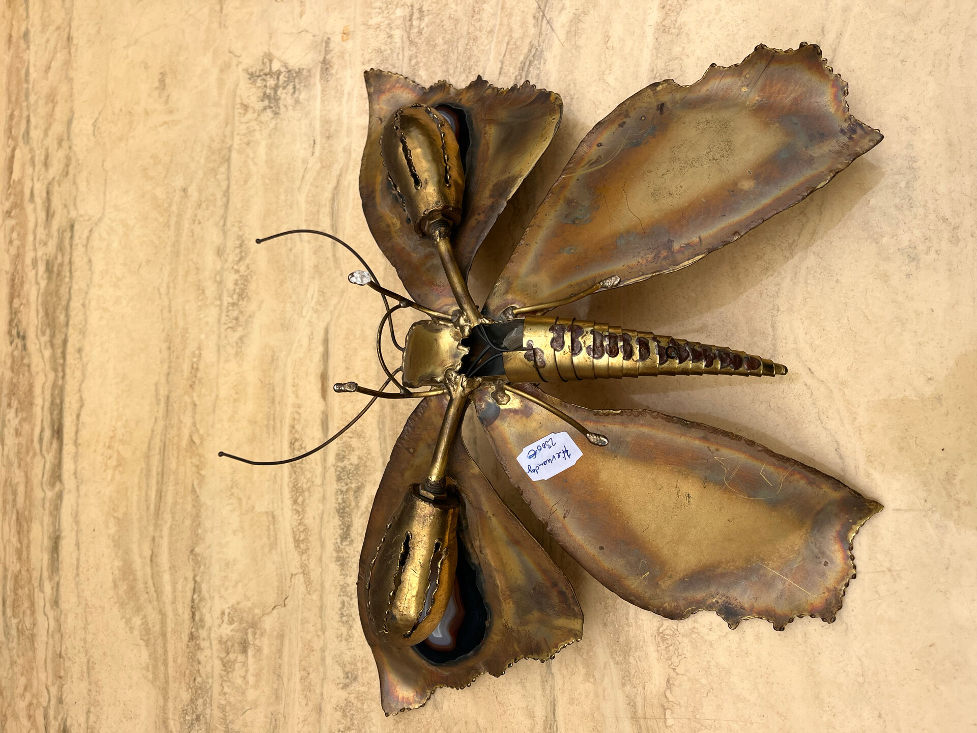 Butterfly wall light Henri Fernandez brass and agate