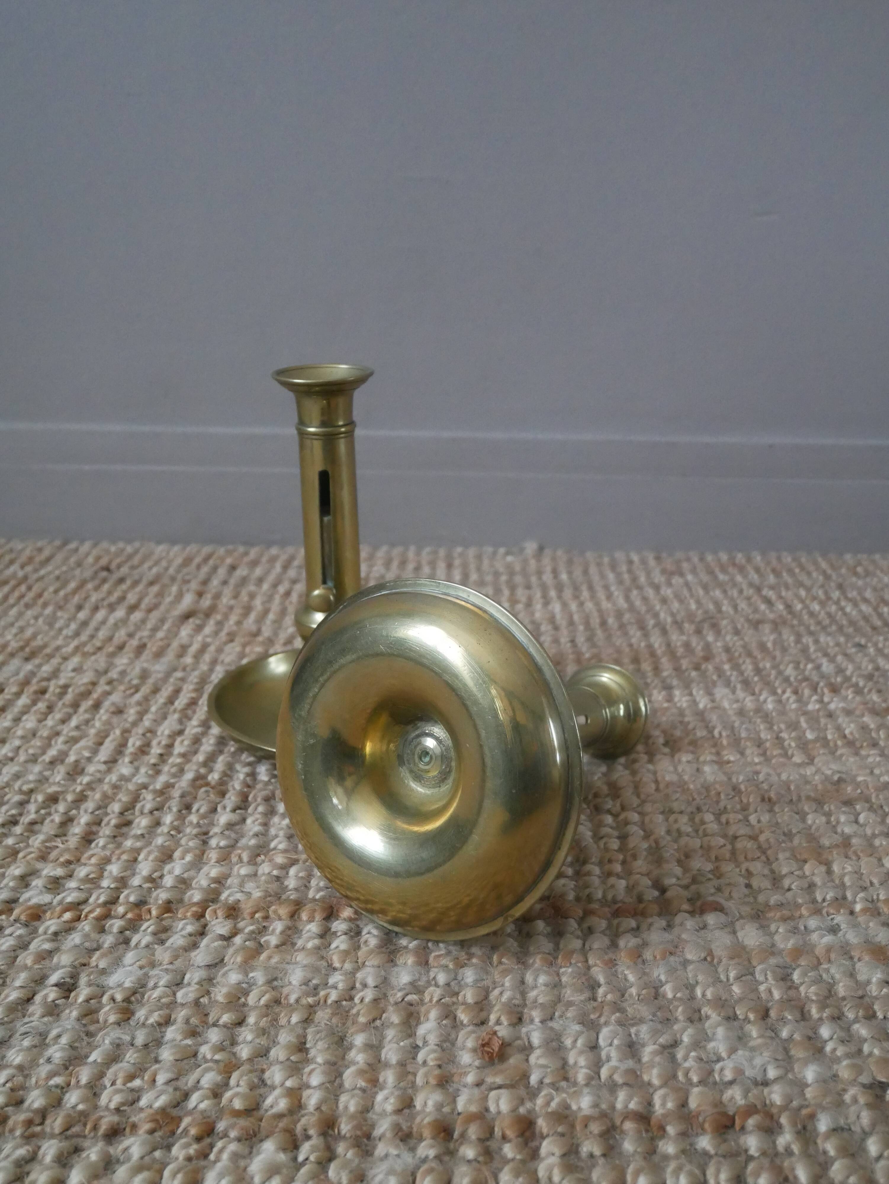 Pair of brass push-button candlestick holders in gold metal, bohemian country decoration
