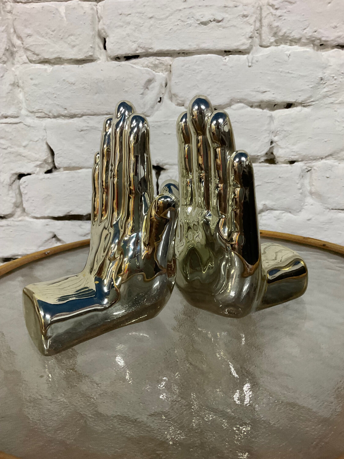 Pair of chrome ceramic hand bookends from the 70s and 80s