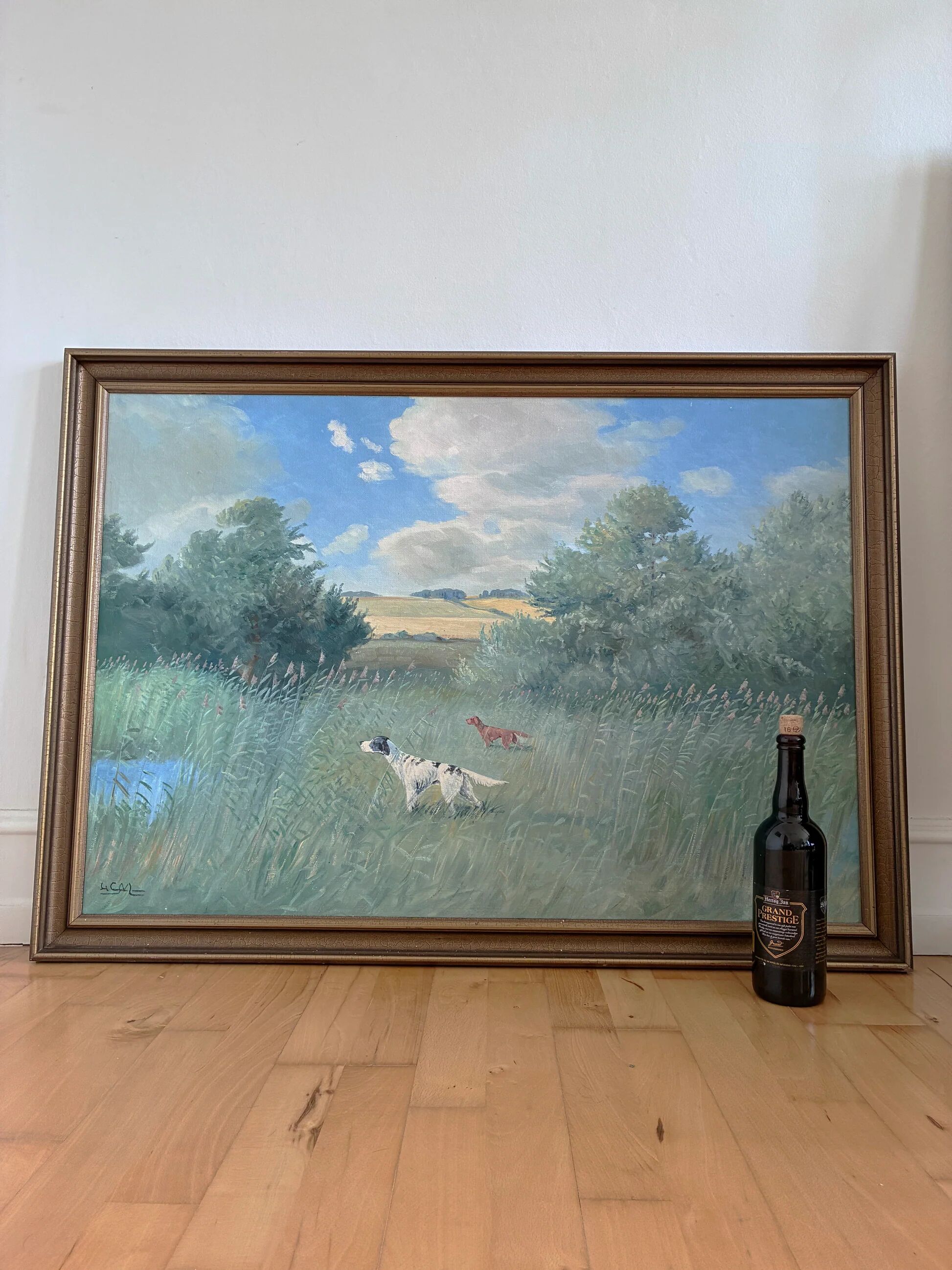 Large vintage original landscape dog oil painting