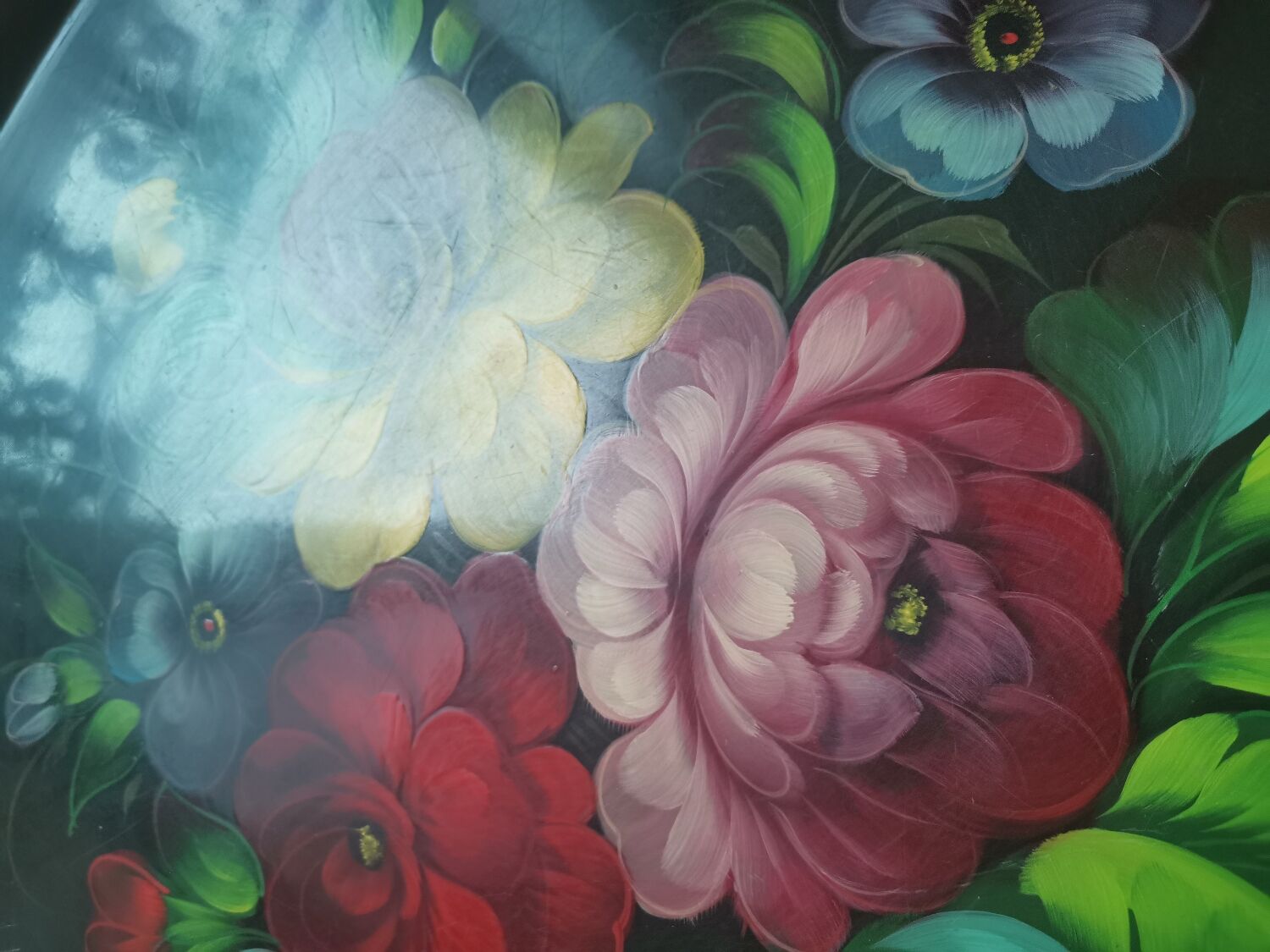 Large oval tray vintage metal hand-painted metal pattern flowers made in ussr numbered