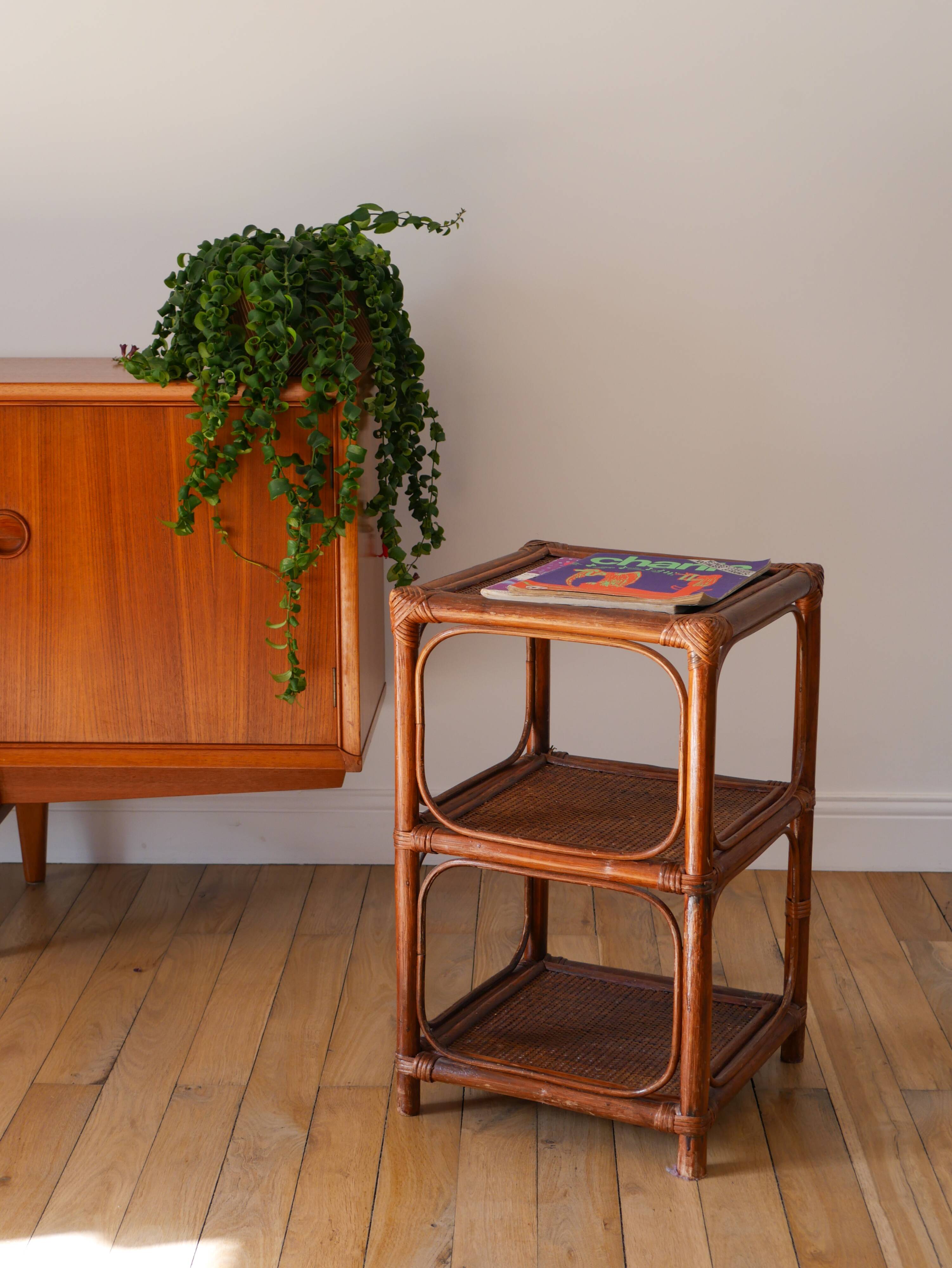 Brown rattan and canework side table, 1970