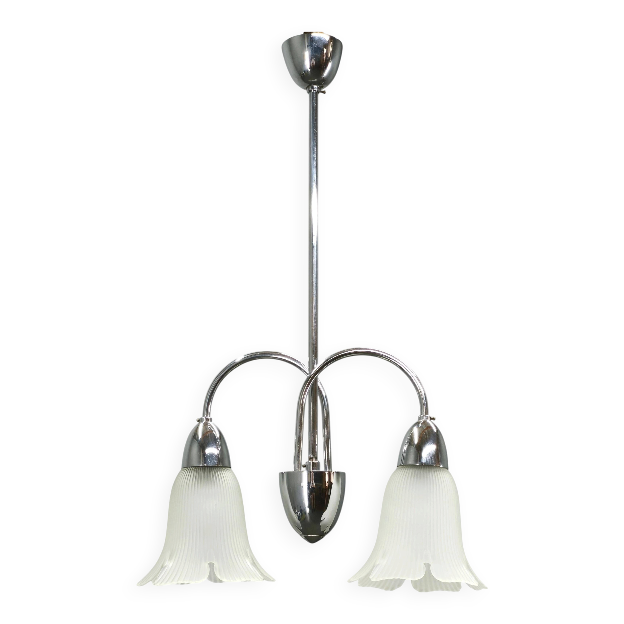 1950s Chrome and Floral Glass Chandelier by Elektroinstala Děčín
