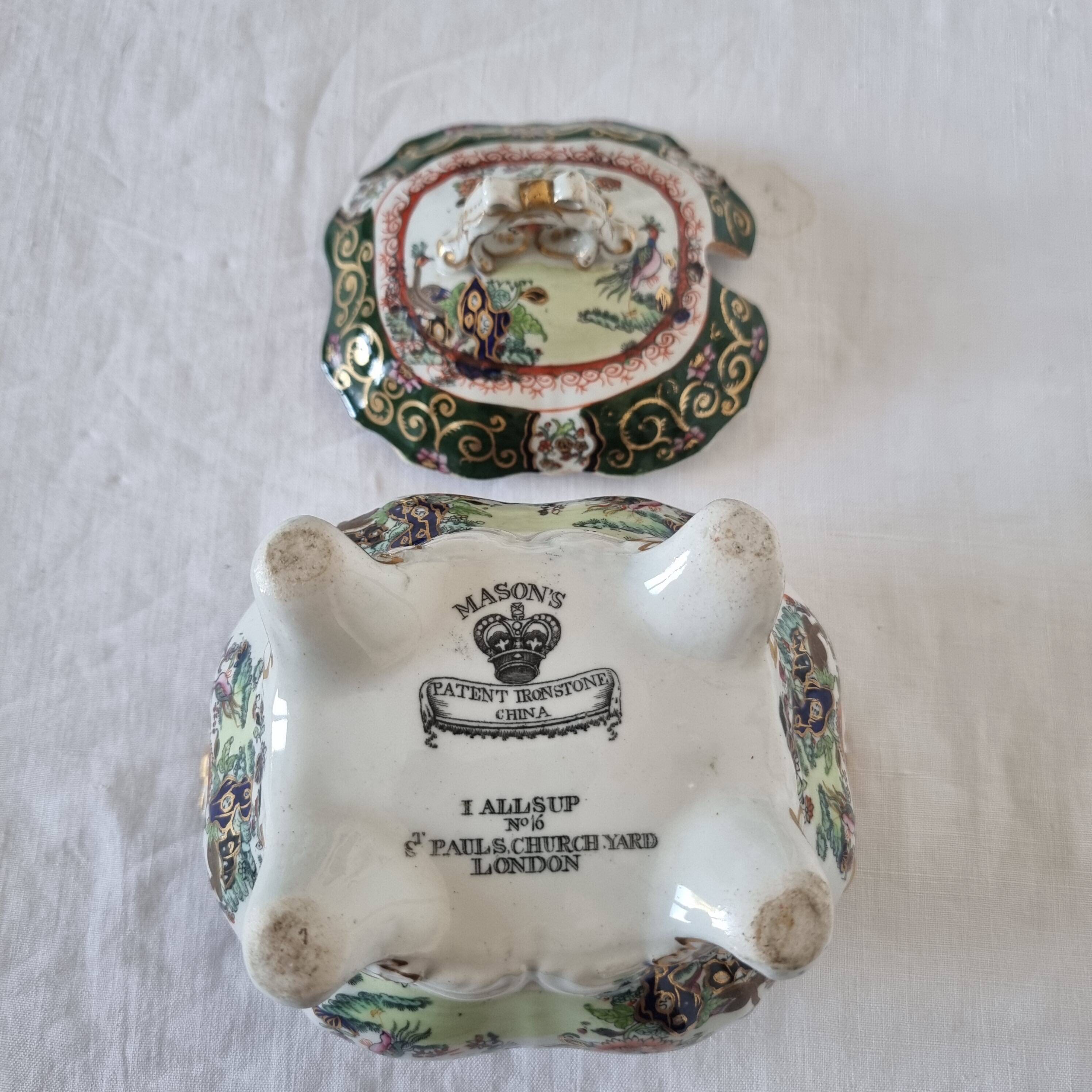 Antique Masons Sauce Boat with Lid English Porcelain Chinoiserie F