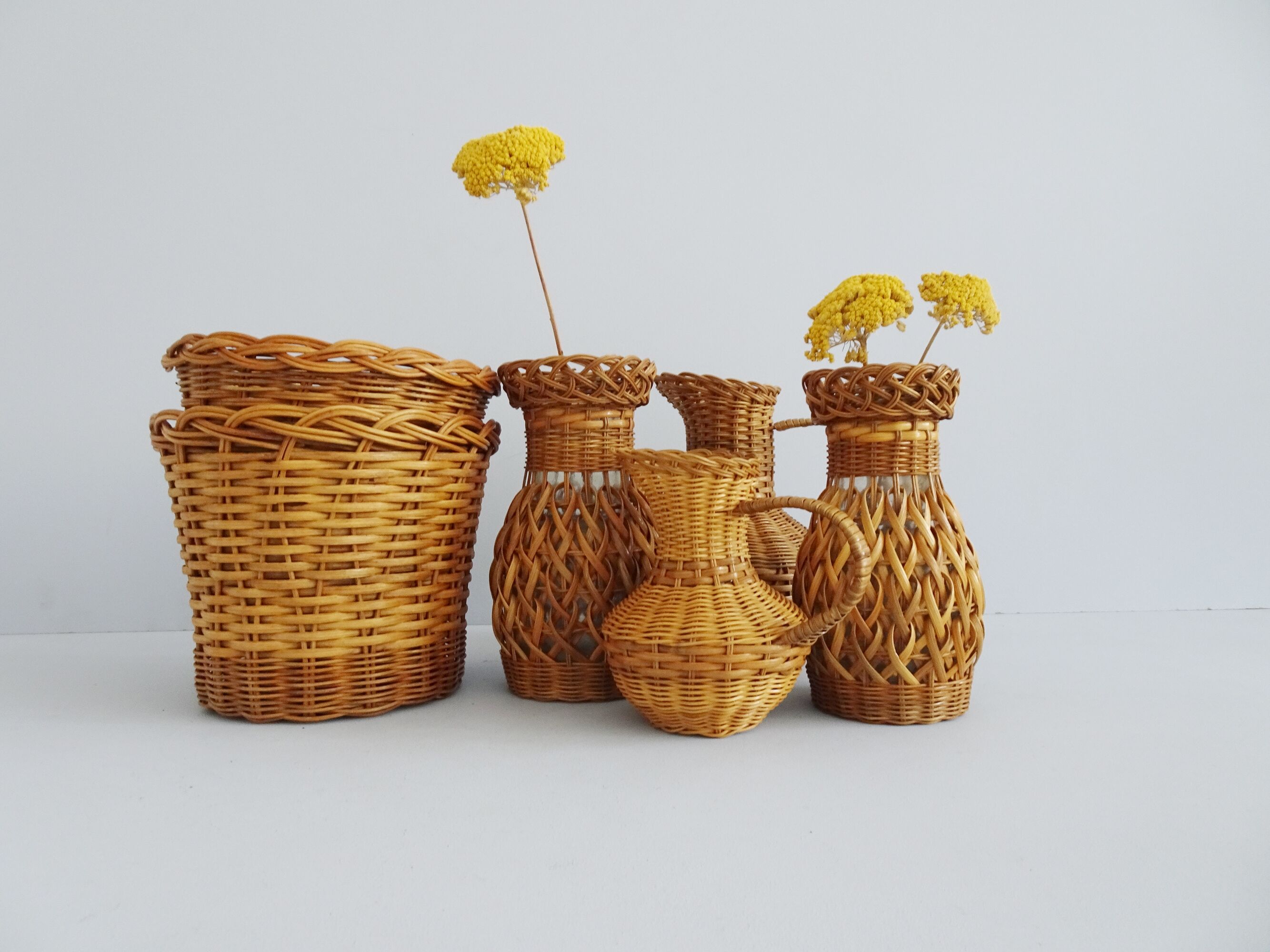 Rattan pitcher set, braided 1960s