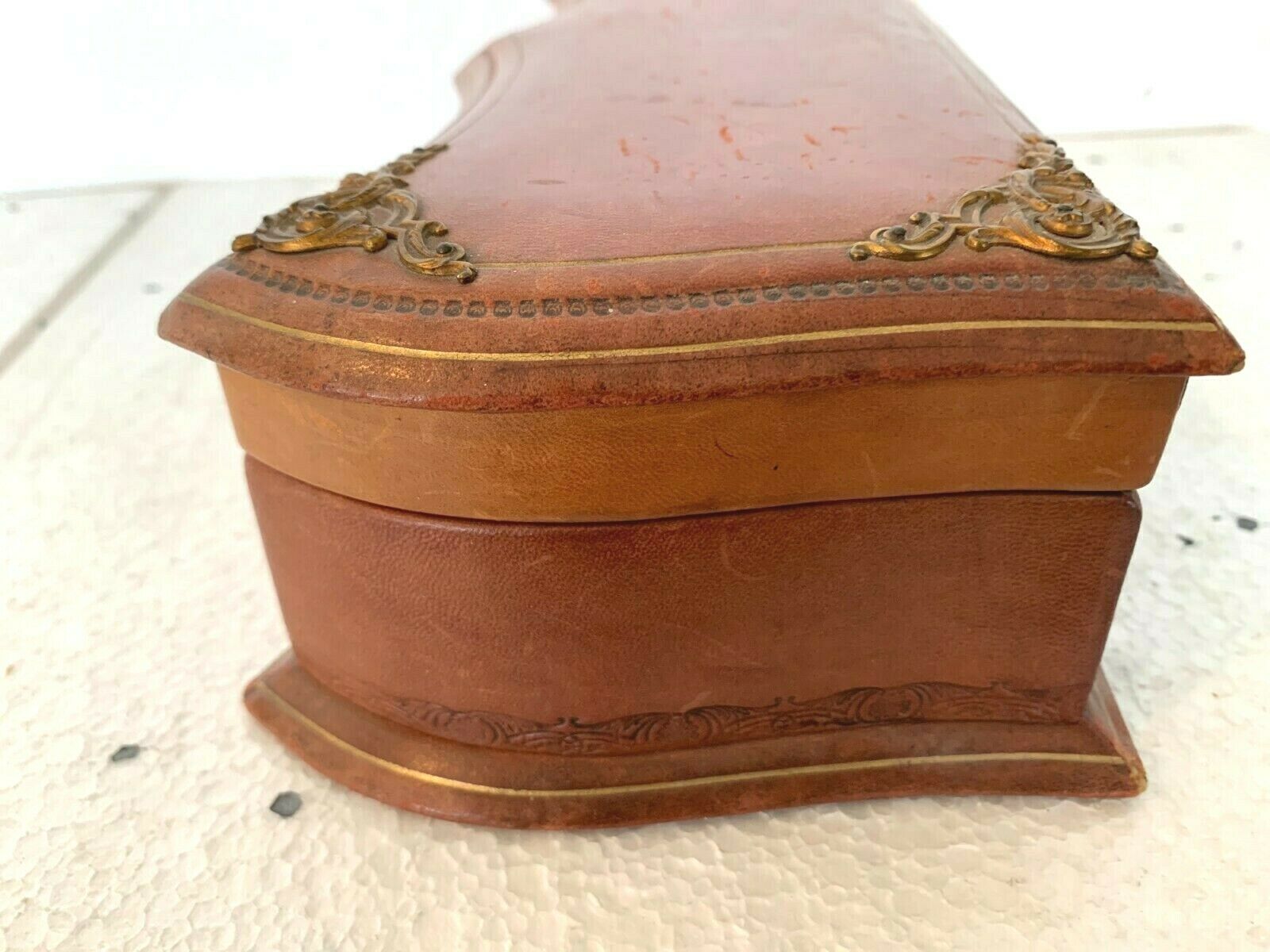 20th century leather jewelry and brass ornamentation box
