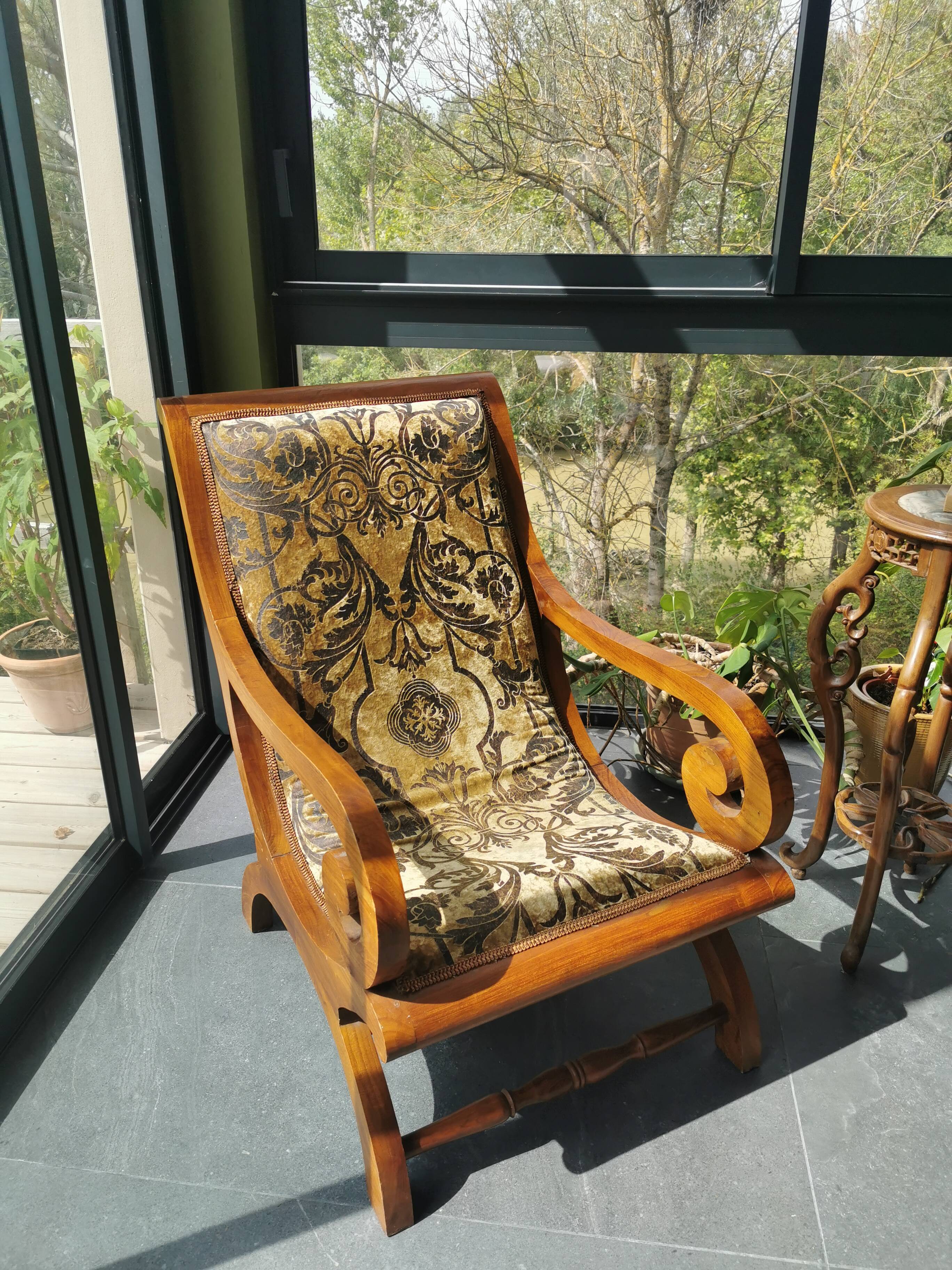 Colonial armchair in reupholstered teak