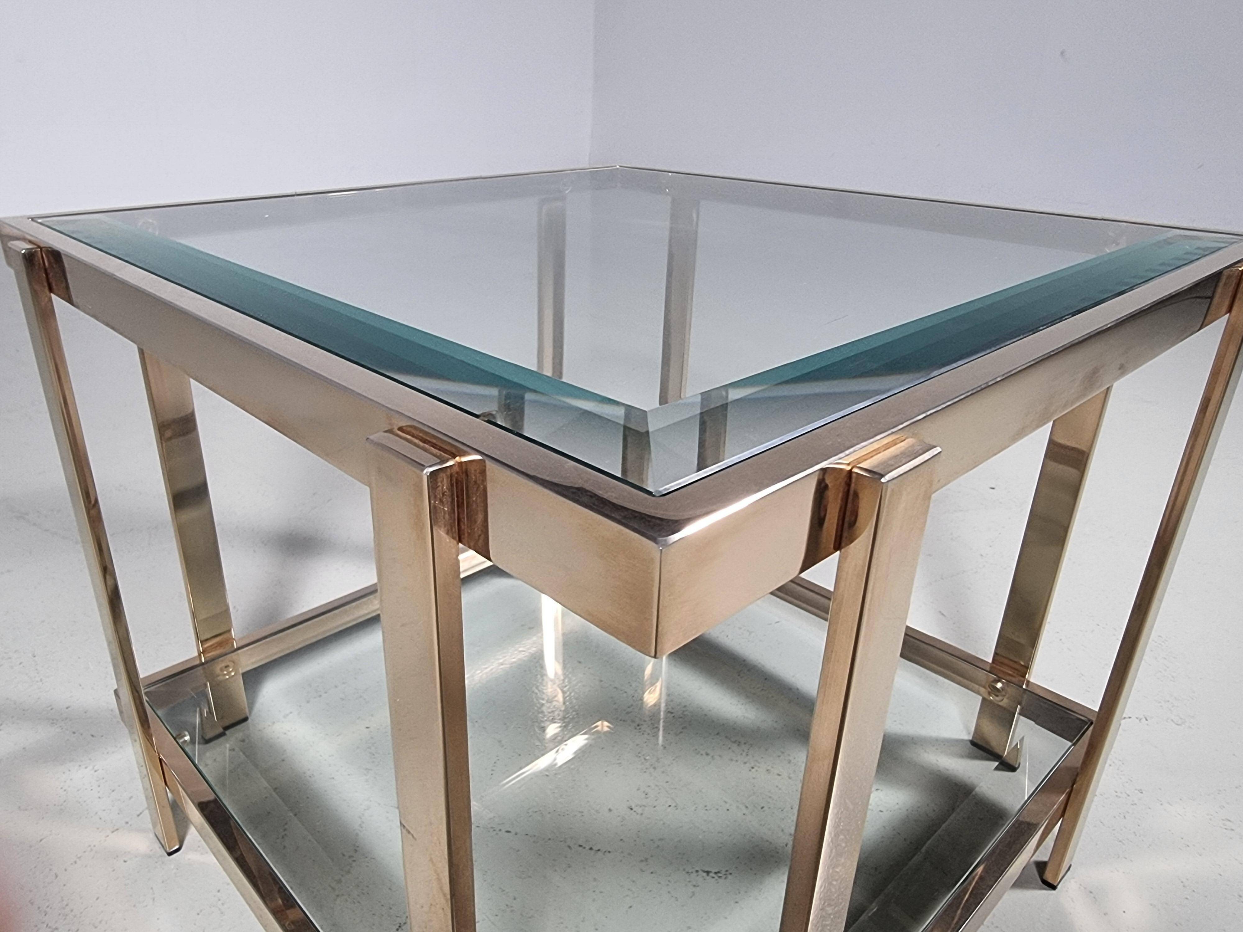 Square side table with two levels in modern Regency style, veneered in 23-carat gold by Belgo Chrom.