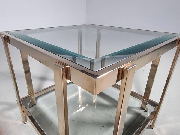 Table d'appoint carrée à deux niveaux de style Régence moderne plaquée or 23 carats de Belgo Chrom