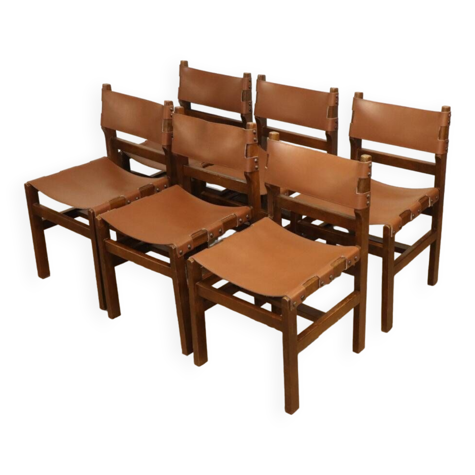 Series of 6 vintage Maison Regain chairs in leather and wood, 1960s