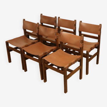 Series of 6 vintage Maison Regain chairs in leather and wood, 1960s