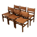 Series of 6 vintage Maison Regain chairs in leather and wood, 1960s