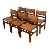 Série de 6 chaises vintage Maison Regain en cuir et bois, 1960