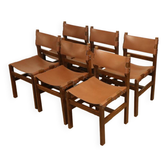 Série de 6 chaises vintage Maison Regain en cuir et bois, 1960