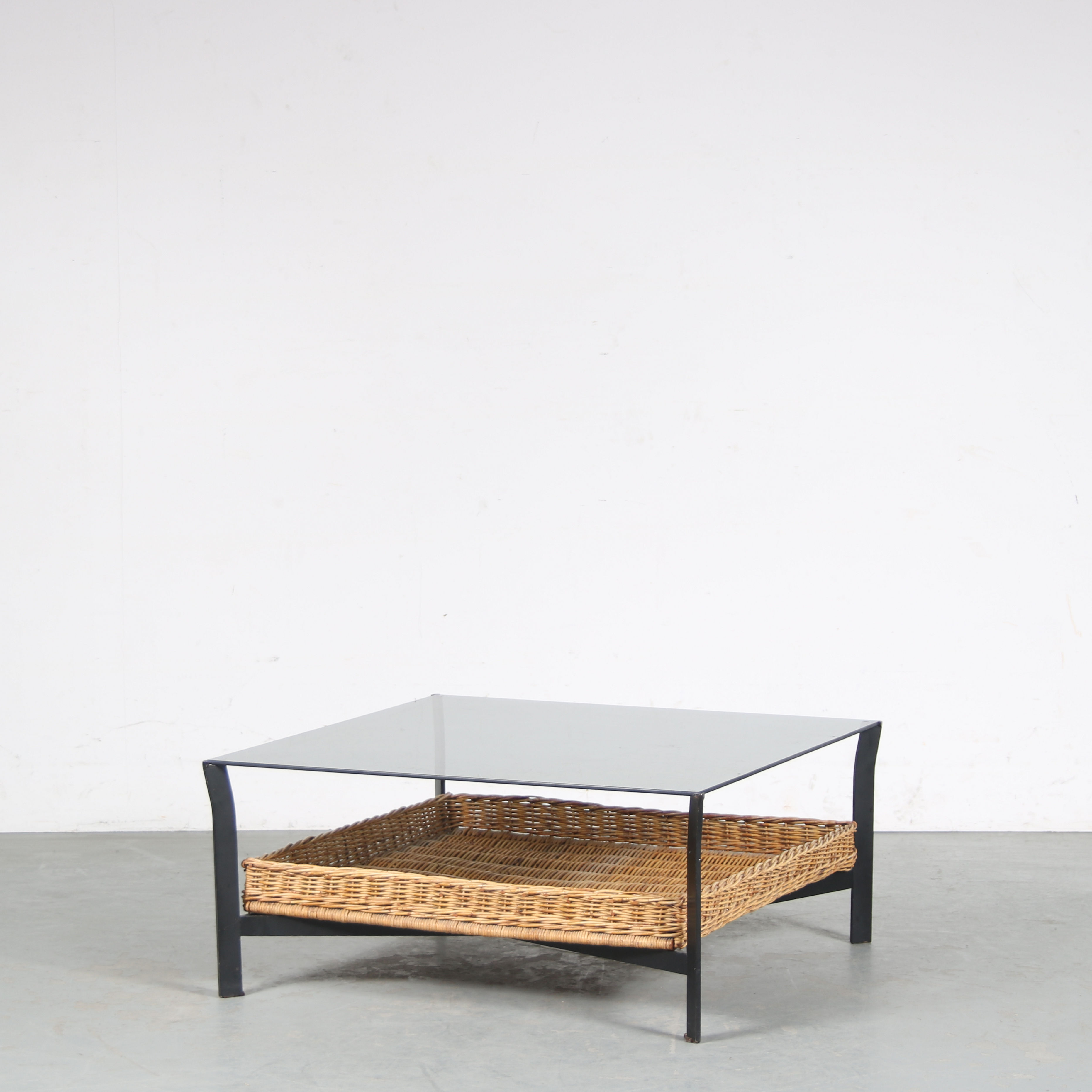 1960s Coffee table with wicker and smoked glass, Netherlands