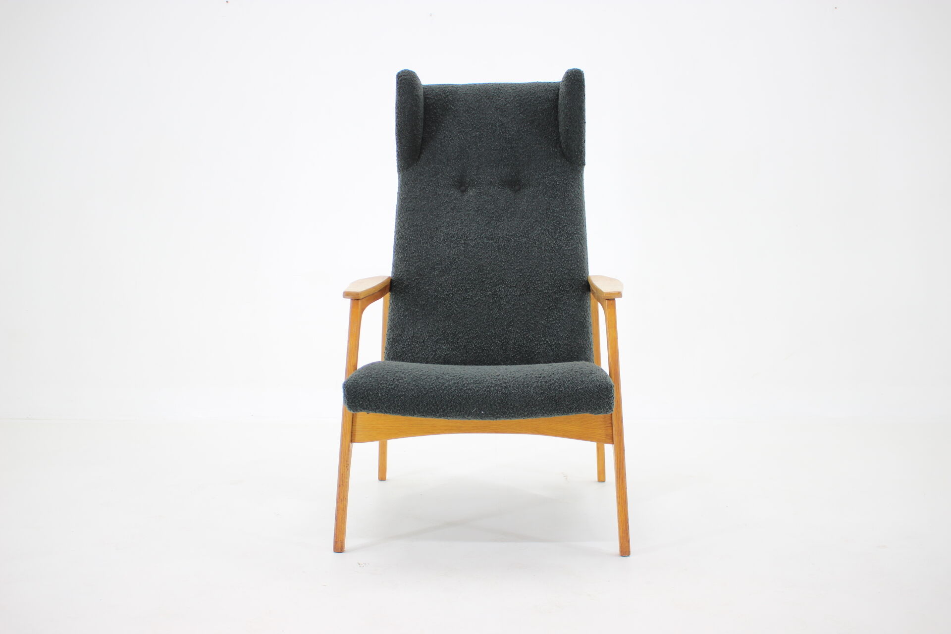 1960s Oak Wing Chair in Bouclé Upholstery, Czechoslovakia