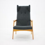 1960s Oak Wing Chair in Bouclé Upholstery, Czechoslovakia