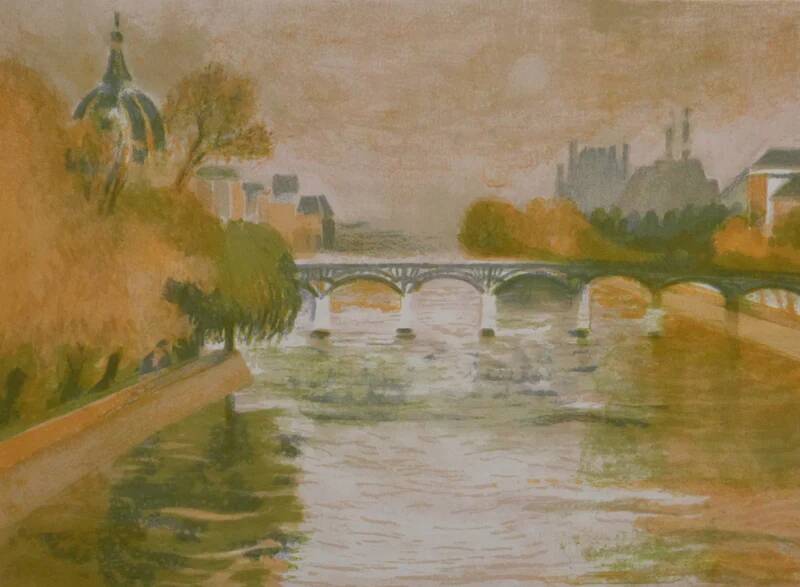 Paul COLLOMB: Paris, The Pont des Arts, signed original lithograph
