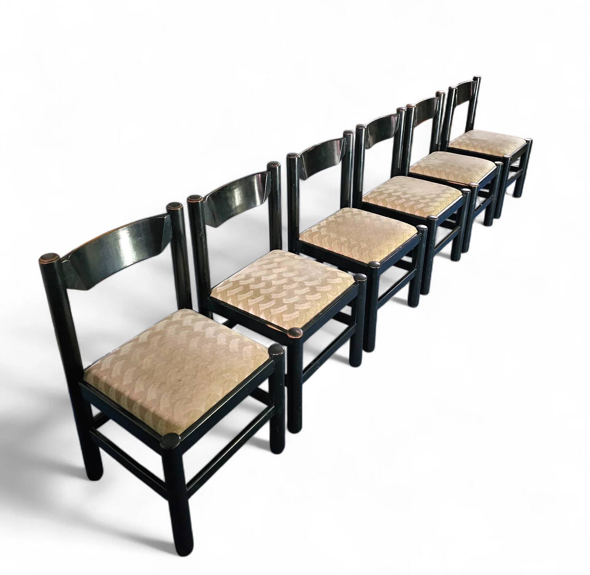 Rare dining set / Italy / 1970s / solid black painted wood / 6 x chair / matching table
