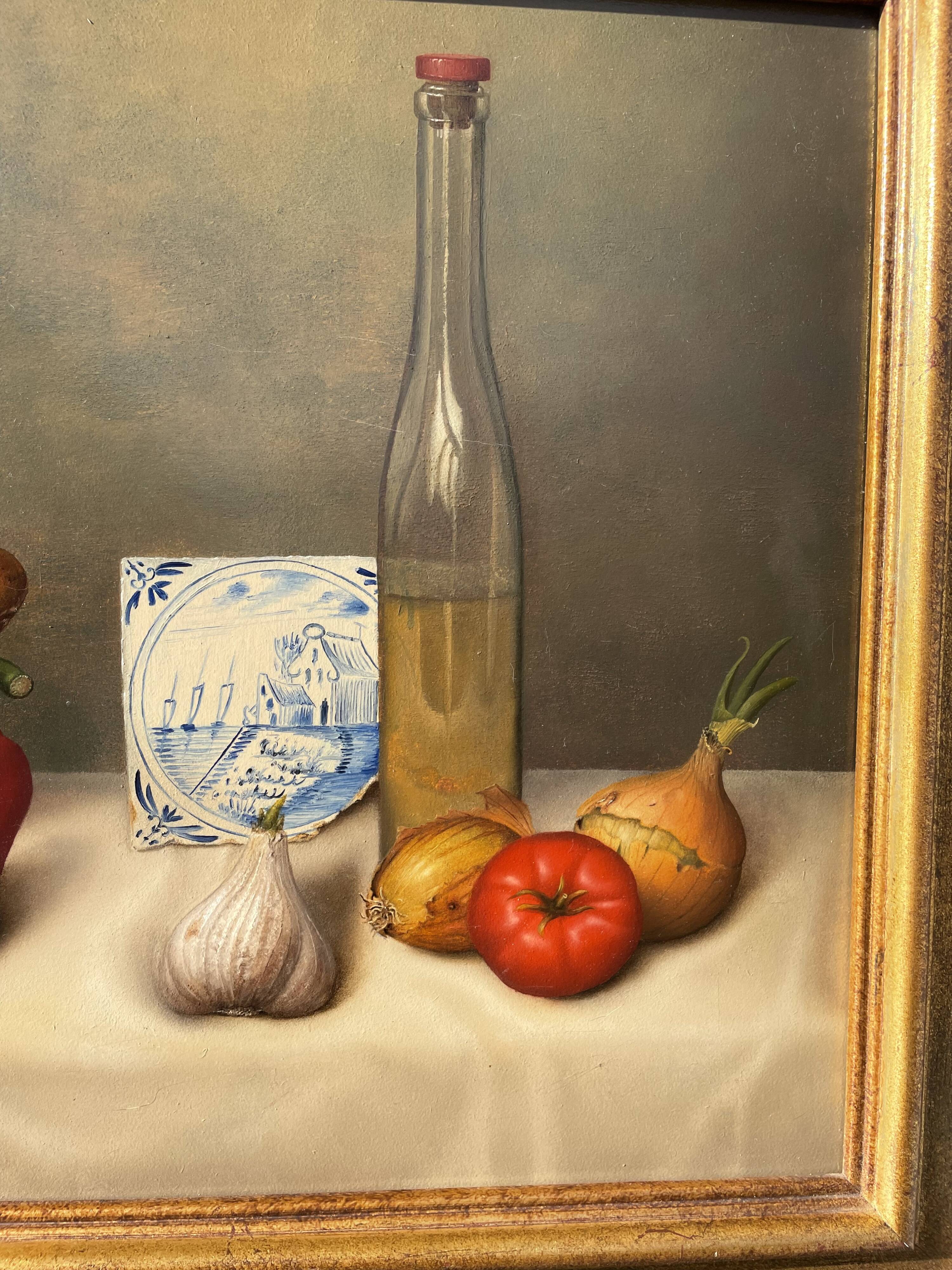 Still life with peppers, oil on panel, signed Peeters