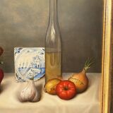 Still life with peppers, oil on panel, signed Peeters