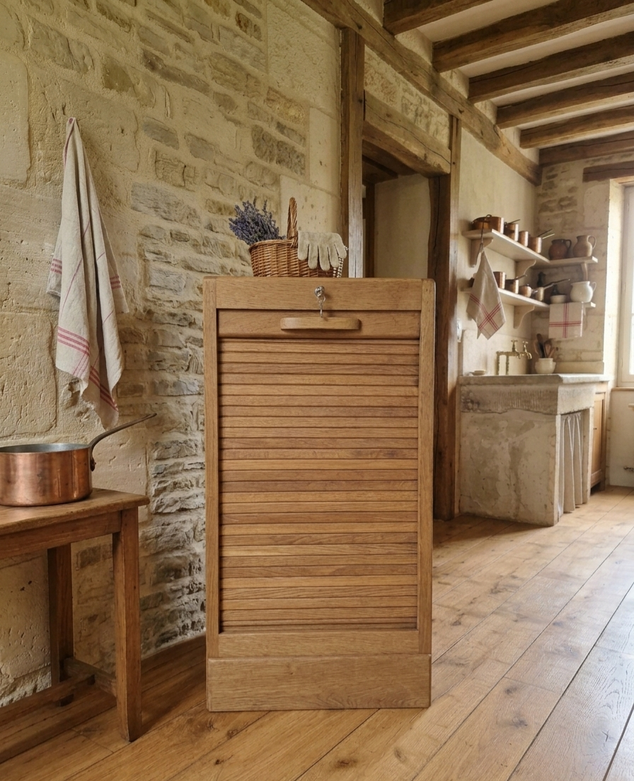 Solid oak filing cabinet with curtains