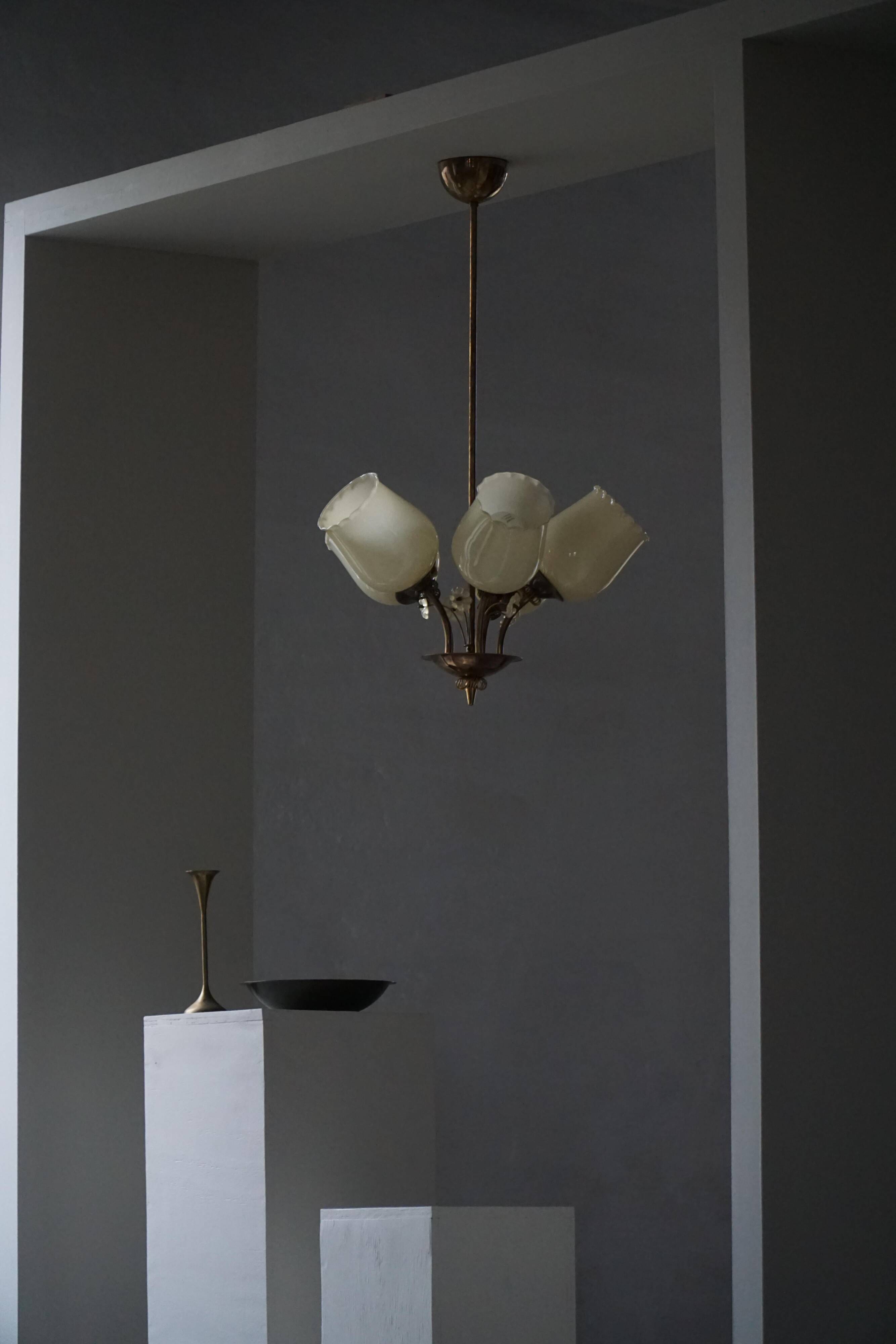 Brass and Glass Mid-Century Chandelier by Itsu, Finland, 1950s