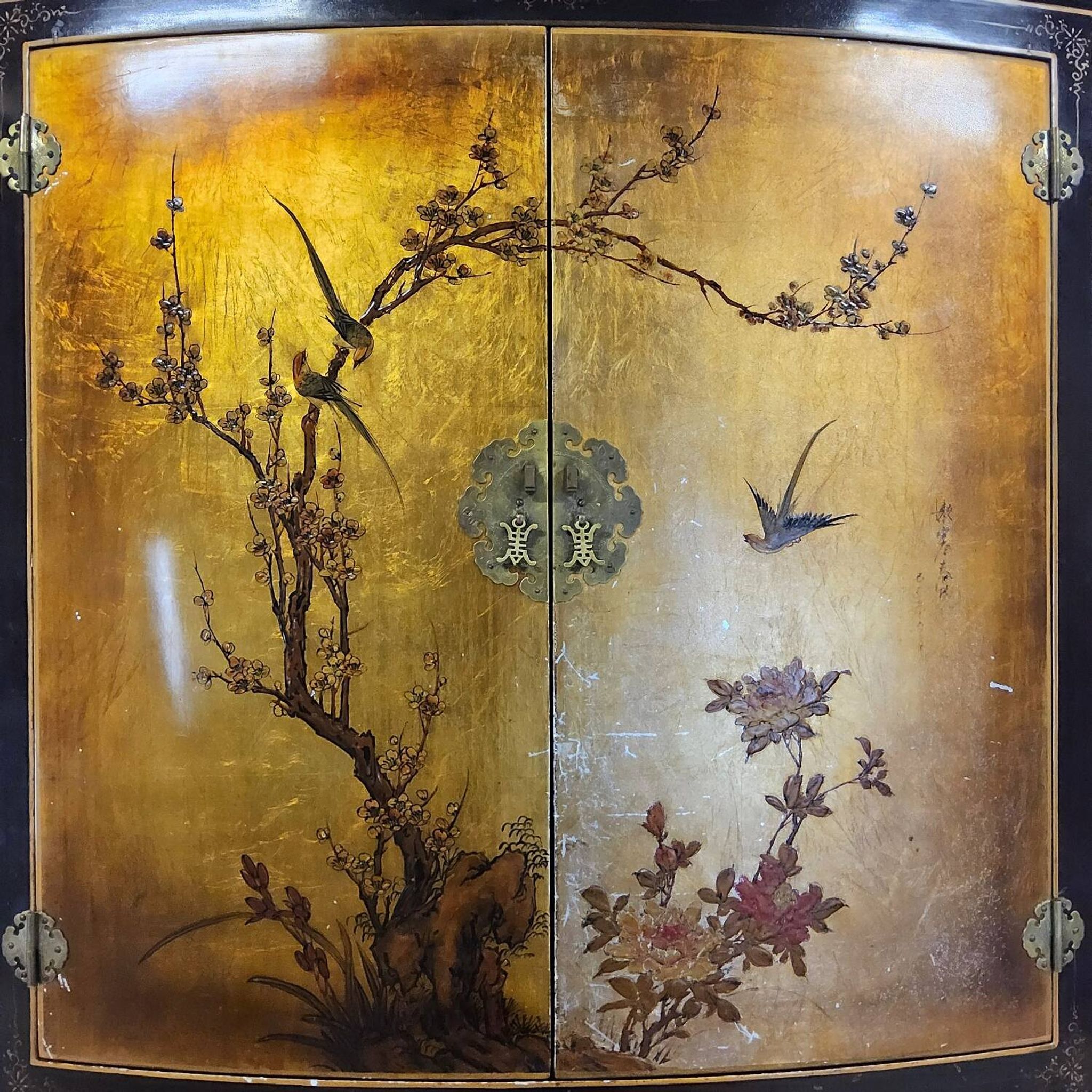 Vintage Chinese cabinet with gold leaf, flowers and birds / oriental