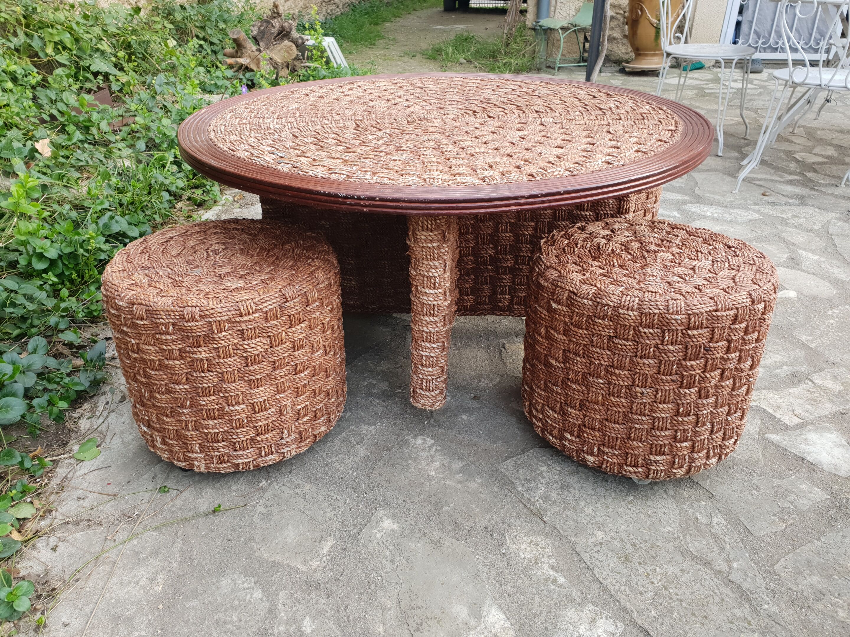 Vintage rope coffee table and stools