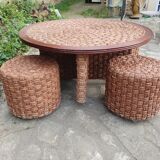 Table basse et tabourets en corde vintage