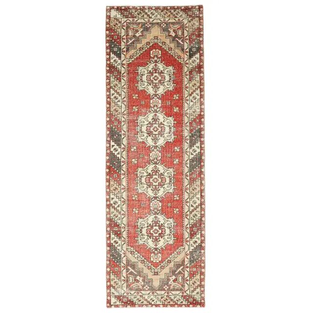 Vintage Turkish Oushak Handmade Wool Cotton Red Runner 95x301