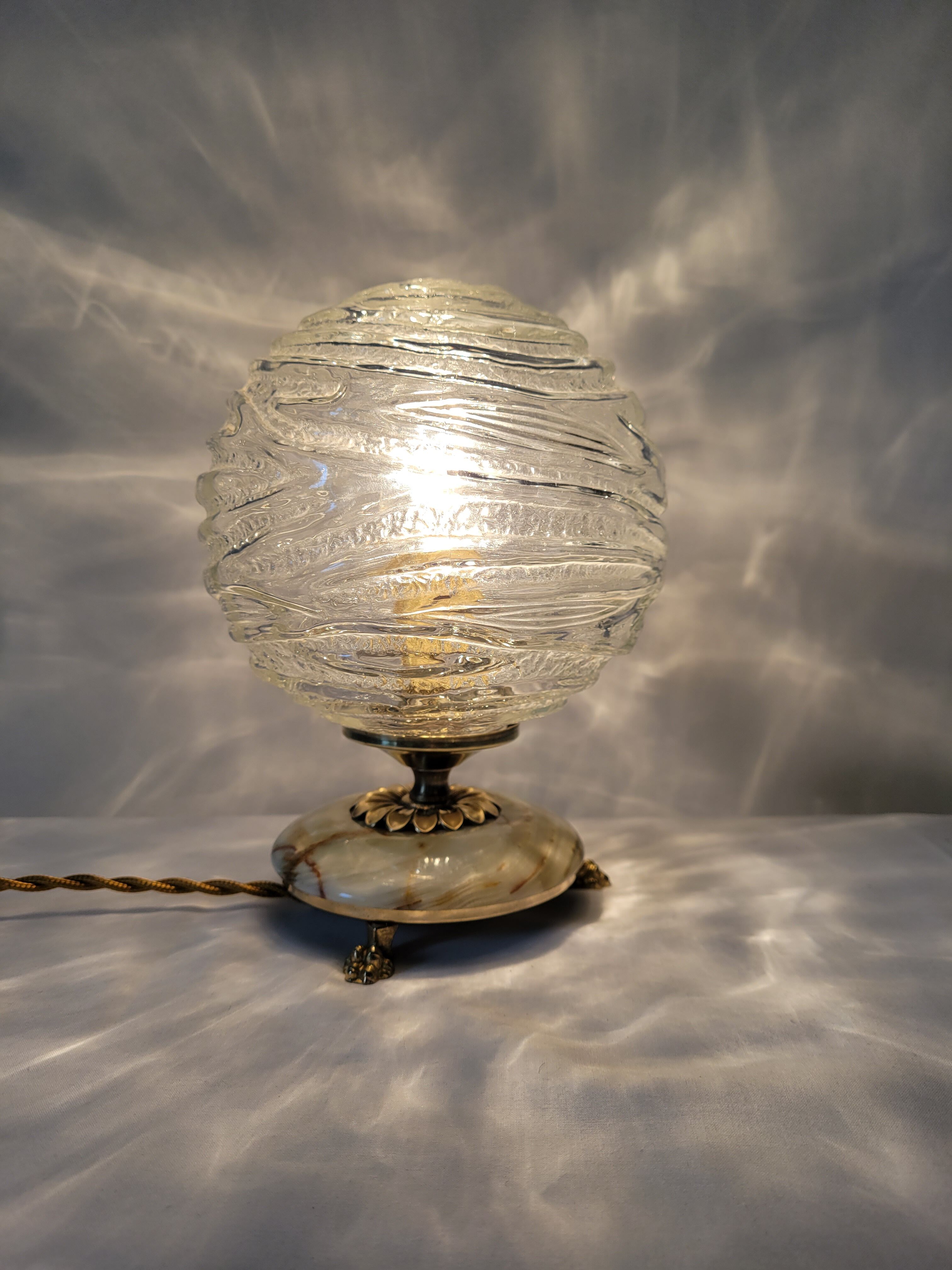 Onyx lamp, brass and glass