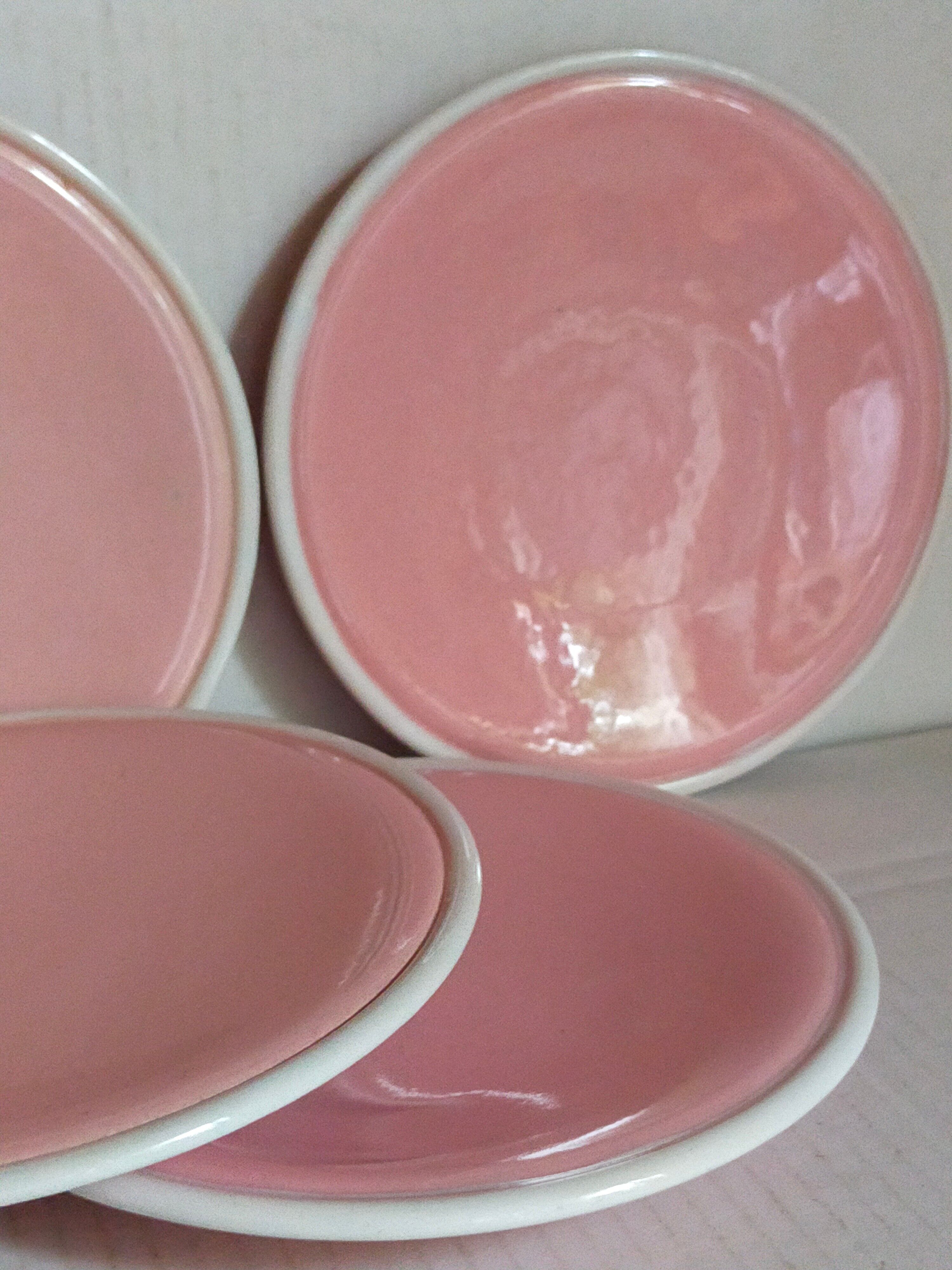 Six old pink earthenware dessert plates