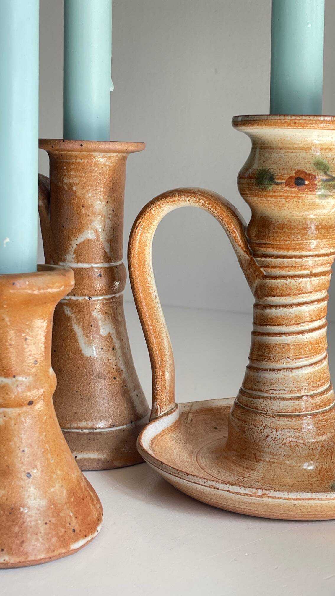 3 vintage handcrafted pottery candle holders