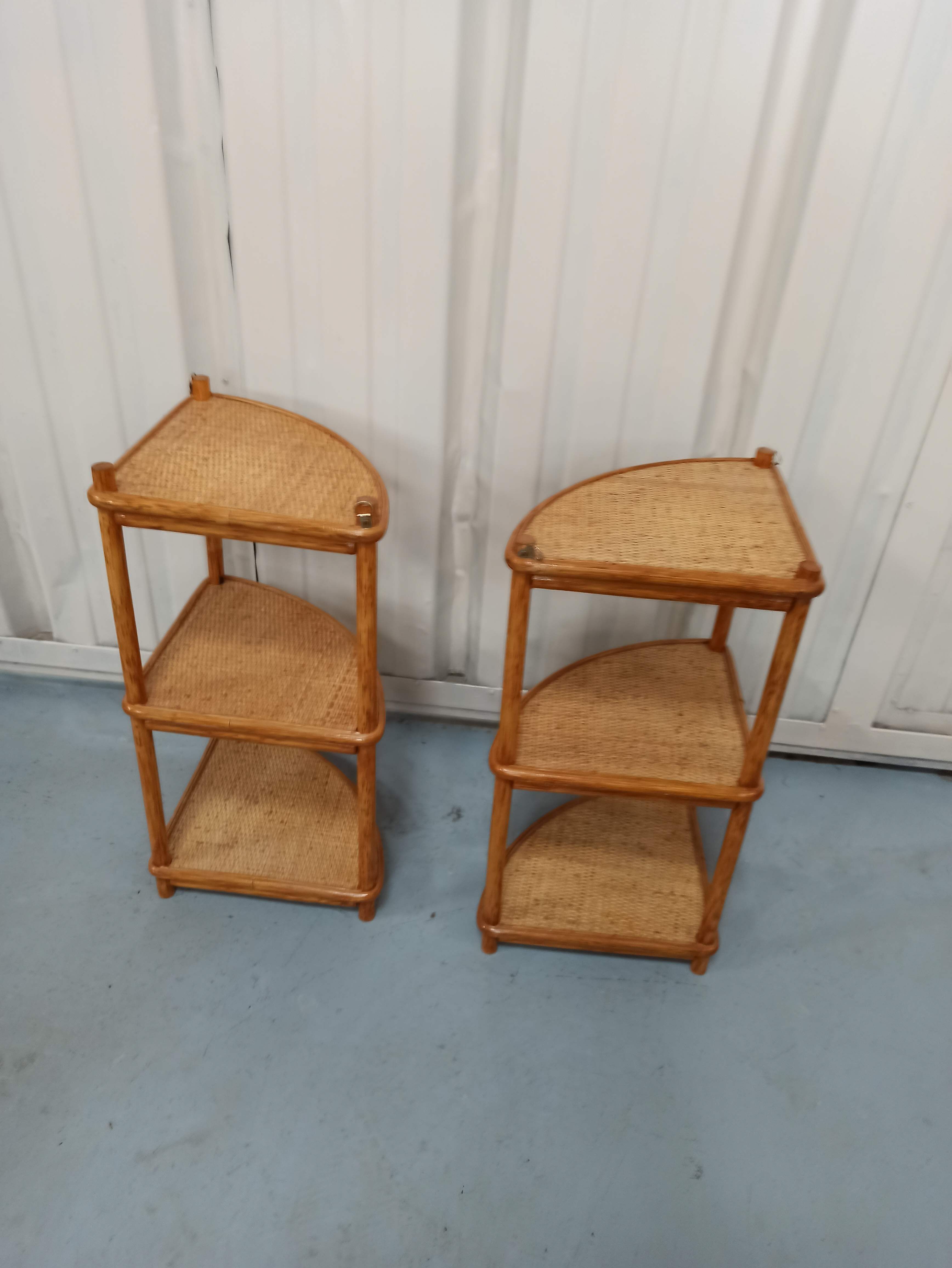 Pair corner shelves bamboo and braided rattan angle bedside tables shelf