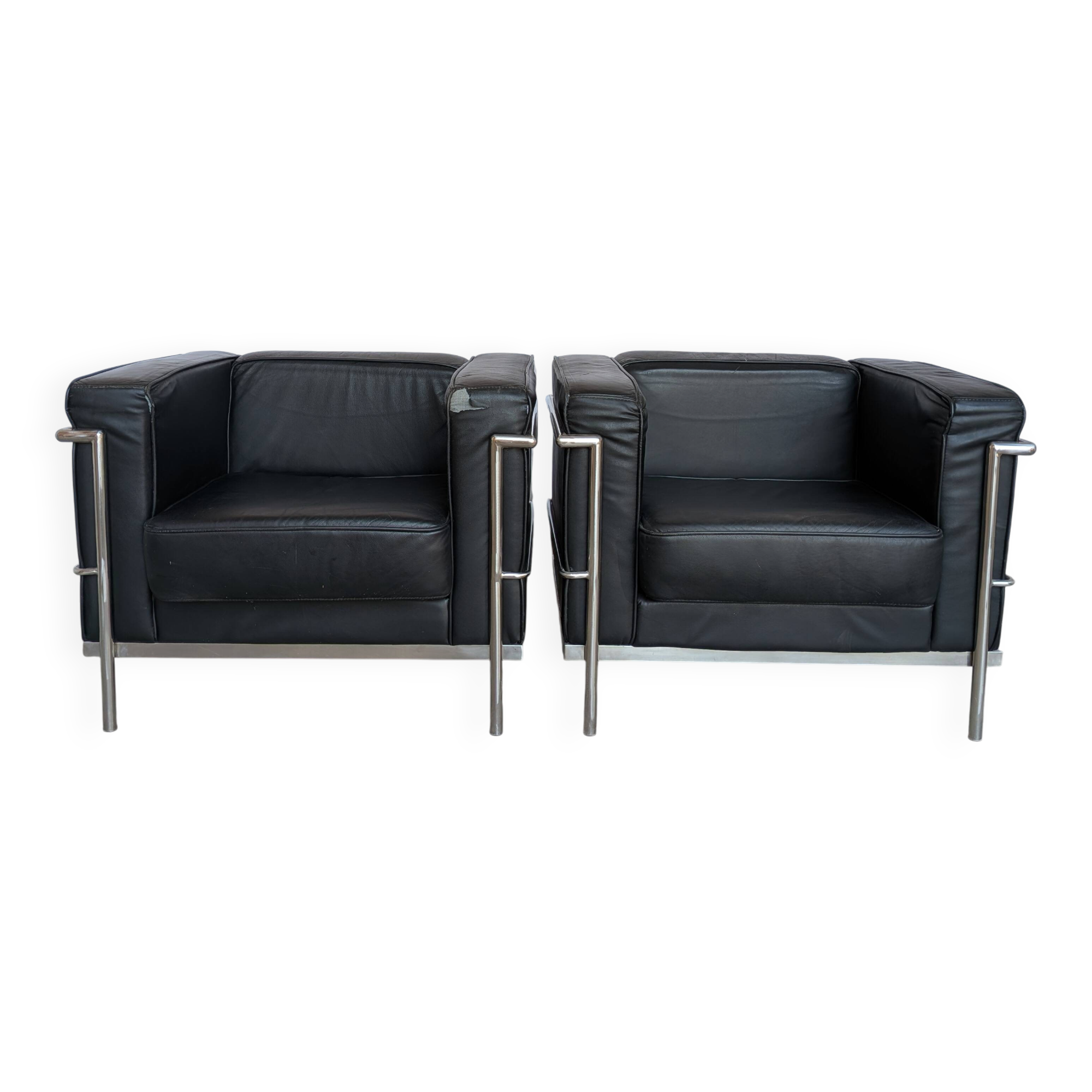 Set of 2 Mid-century Black Leather Lounge Chairs / Italian Design Armchairs
