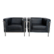Set of 2 Mid-century Black Leather Lounge Chairs / Italian Design Armchairs