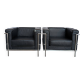Set of 2 Mid-century Black Leather Lounge Chairs / Italian Design Armchairs