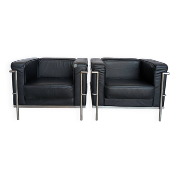 Set of 2 Mid-century Black Leather Lounge Chairs / Italian Design Armchairs