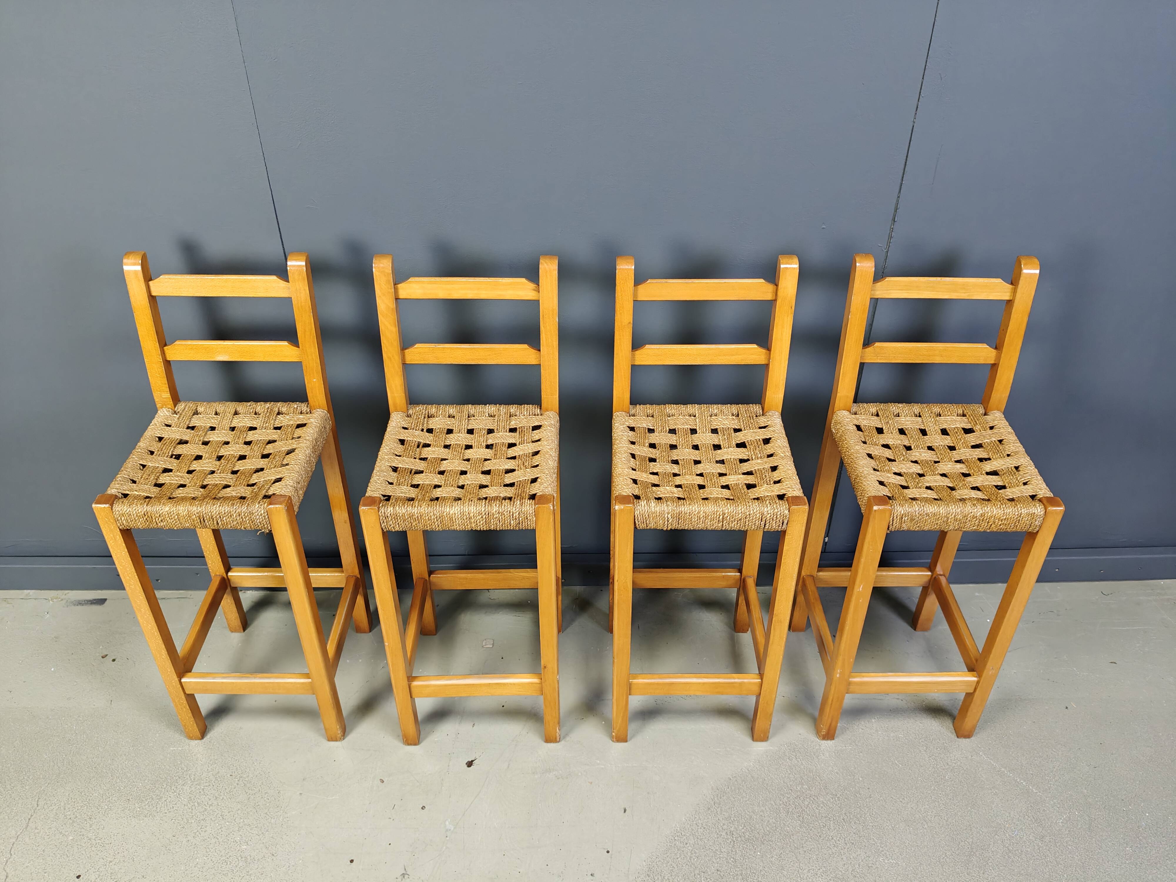 Vintage oak and papercord bar stools, 1960s